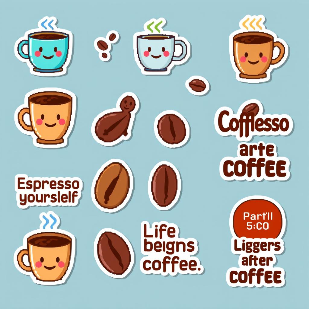 A collection of pixel art coffee-themed stickers, featuring coffee cups, beans, and quirky quotes about coffee