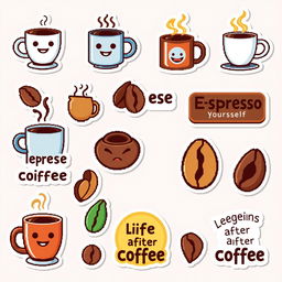 A collection of pixel art coffee-themed stickers, featuring coffee cups, beans, and quirky quotes about coffee