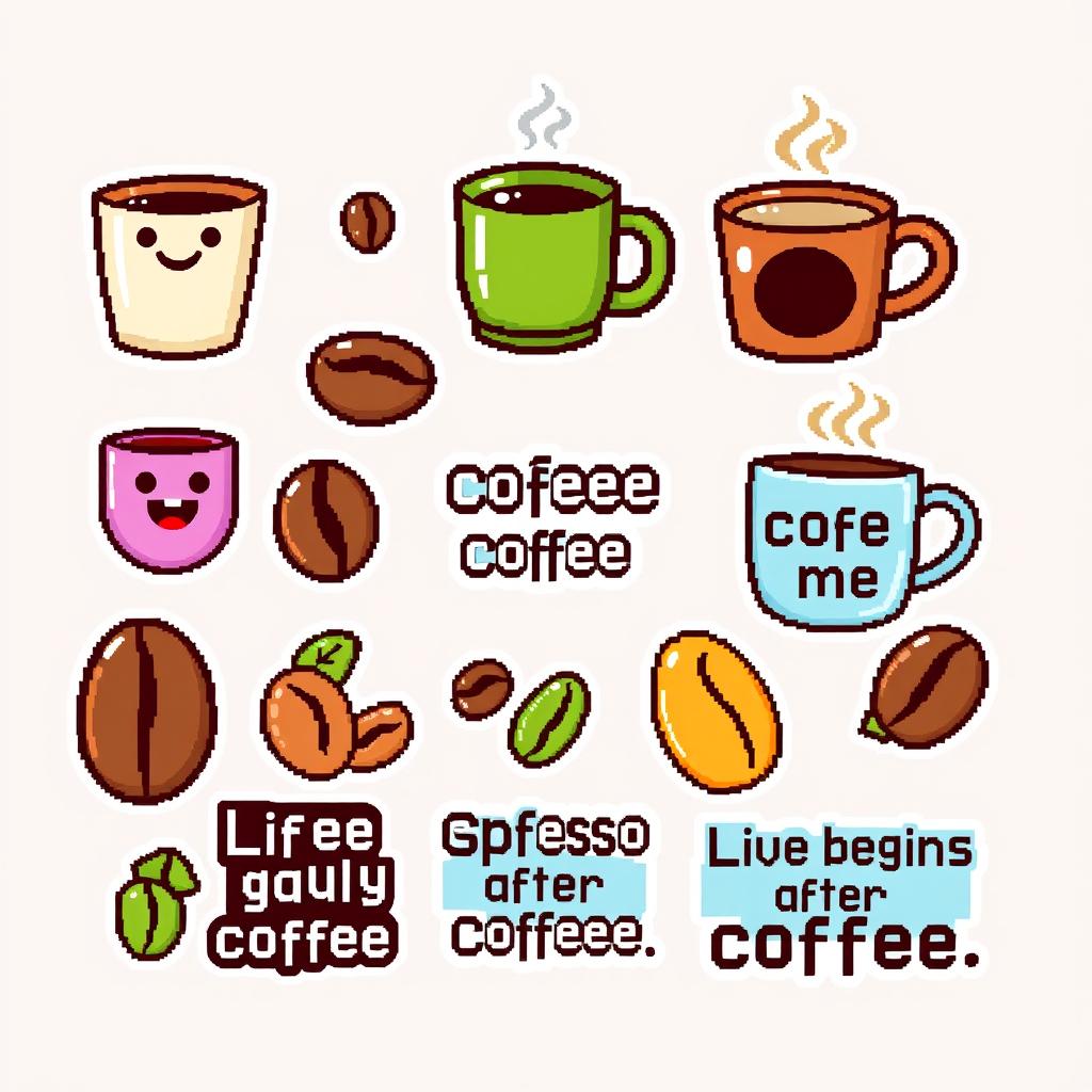 A collection of pixel art coffee-themed stickers, featuring coffee cups, beans, and quirky quotes about coffee