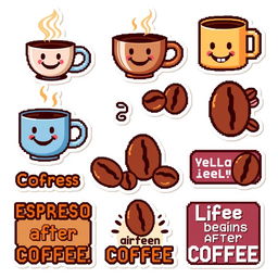 A collection of pixel art coffee-themed stickers, featuring coffee cups, beans, and quirky quotes about coffee