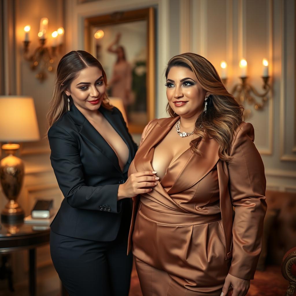 A chubby, wealthy woman with luxurious style, her makeup featuring pronounced mascara, is being assisted by a stunningly attractive young woman in an elegant setting