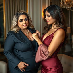 A chubby, wealthy woman with luxurious style, her makeup featuring pronounced mascara, is being assisted by a stunningly attractive young woman in an elegant setting