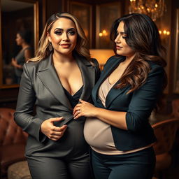 A chubby, wealthy woman with luxurious style, her makeup featuring pronounced mascara, is being assisted by a stunningly attractive young woman in an elegant setting