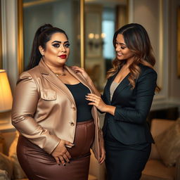 A chubby, wealthy woman with luxurious style, her makeup featuring pronounced mascara, is being assisted by a stunningly attractive young woman in an elegant setting