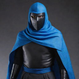 A helmetless knight draped in a winding blue scarf that seamlessly merges into a blue face mask, proudly wielding two sleek black katanas.