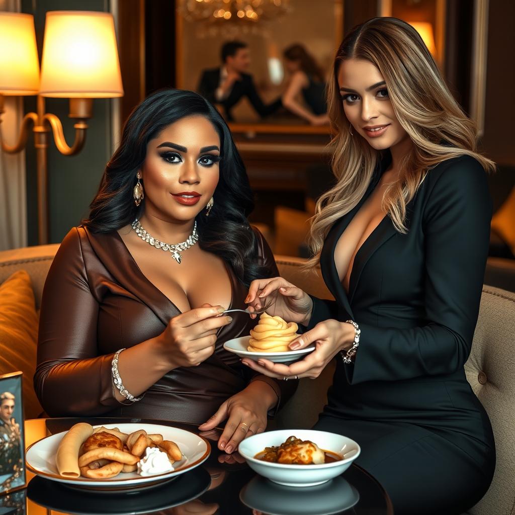 A chubby, wealthy woman with elegant style, highlighted by pronounced mascara, is being lovingly fed by a really good-looking girl in a sophisticated setting