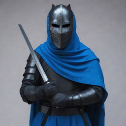 A helmetless knight draped in a winding blue scarf that seamlessly merges into a blue face mask, proudly wielding two sleek black katanas.