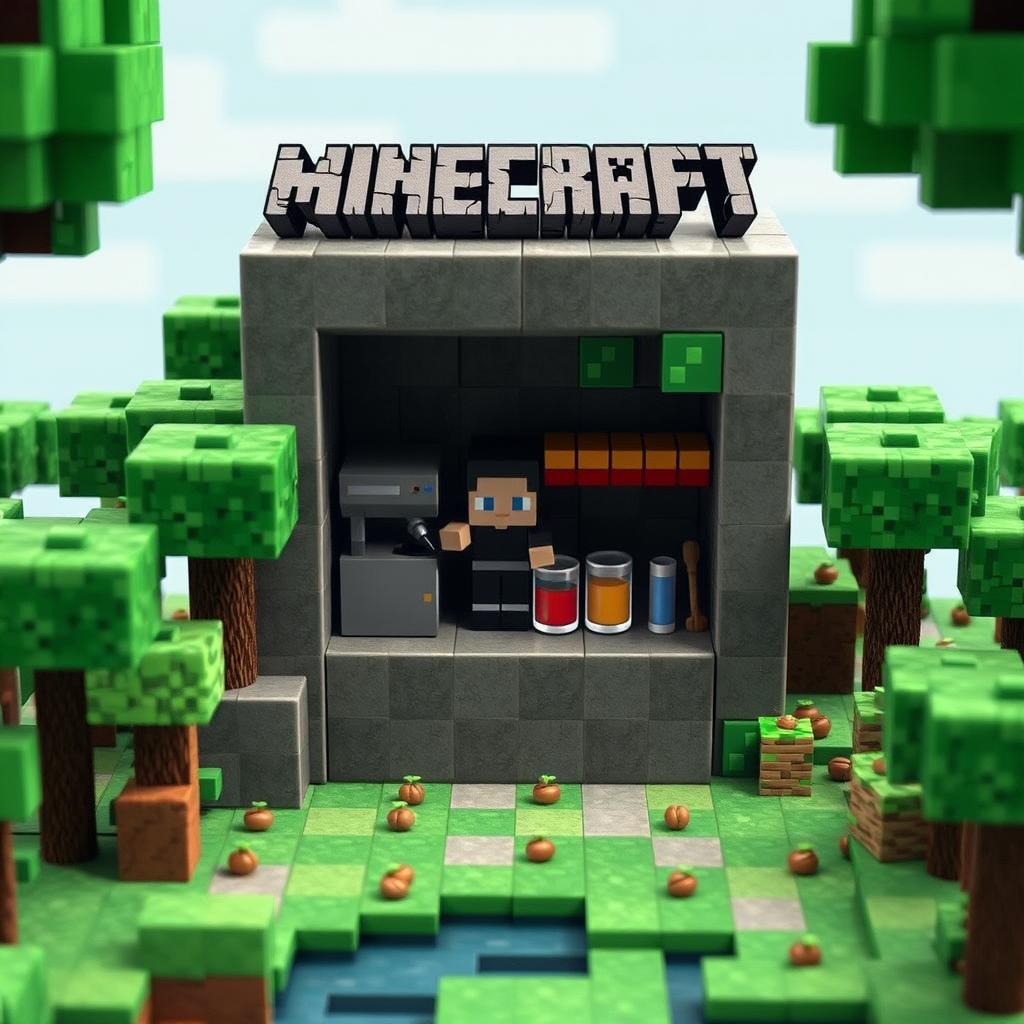 A Minecraft-inspired coffee scene featuring a blocky, pixelated coffee shop surrounded by a lush landscape made of cubes