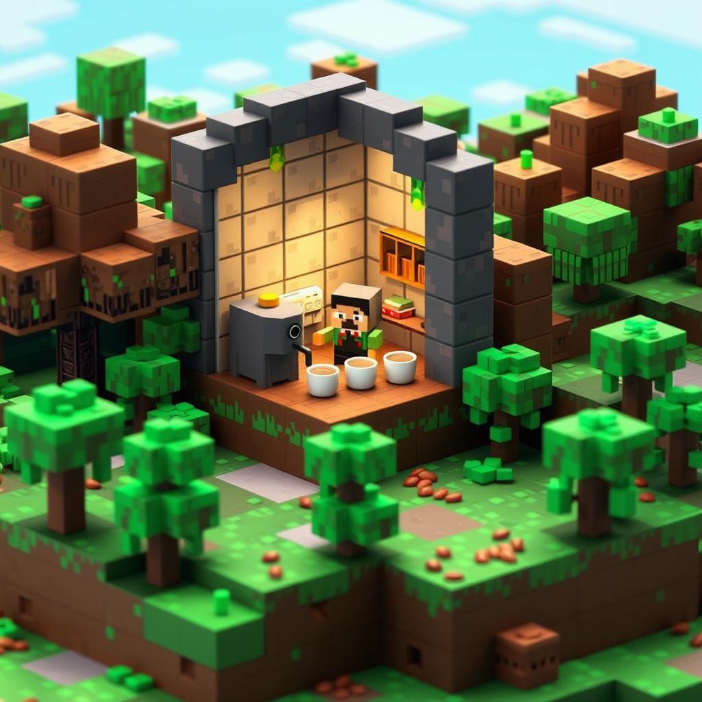 A Minecraft-inspired coffee scene featuring a blocky, pixelated coffee shop surrounded by a lush landscape made of cubes