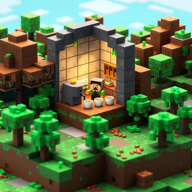 A Minecraft-inspired coffee scene featuring a blocky, pixelated coffee shop surrounded by a lush landscape made of cubes