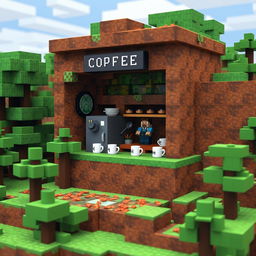 A Minecraft-inspired coffee scene featuring a blocky, pixelated coffee shop surrounded by a lush landscape made of cubes