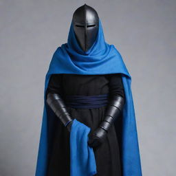 A helmetless knight draped in a winding blue scarf that seamlessly merges into a blue face mask, proudly wielding two sleek black katanas.