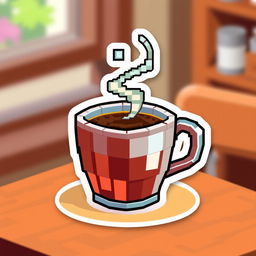 A voxel-style coffee sticker featuring a 3D, blocky coffee cup made with colorful and detailed voxel art