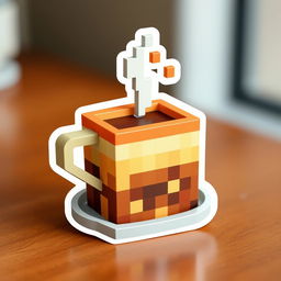 A voxel-style coffee sticker featuring a 3D, blocky coffee cup made with colorful and detailed voxel art