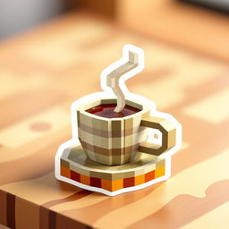 A voxel-style coffee sticker featuring a 3D, blocky coffee cup made with colorful and detailed voxel art