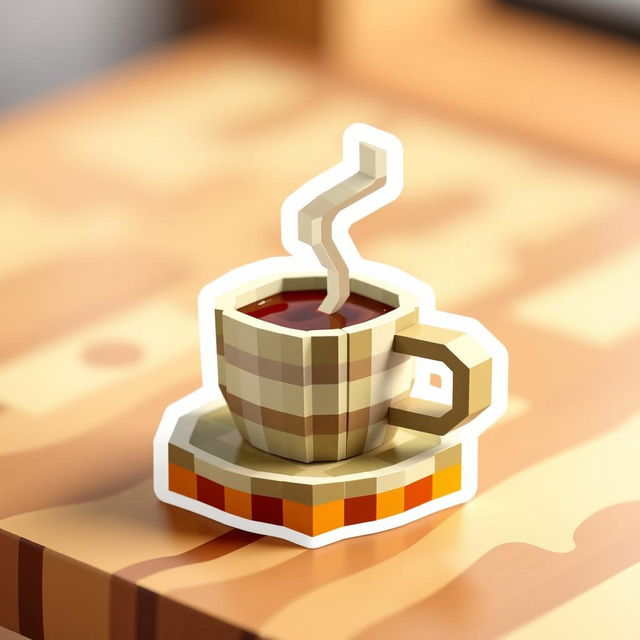 A voxel-style coffee sticker featuring a 3D, blocky coffee cup made with colorful and detailed voxel art