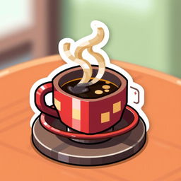 A voxel-style coffee sticker featuring a 3D, blocky coffee cup made with colorful and detailed voxel art