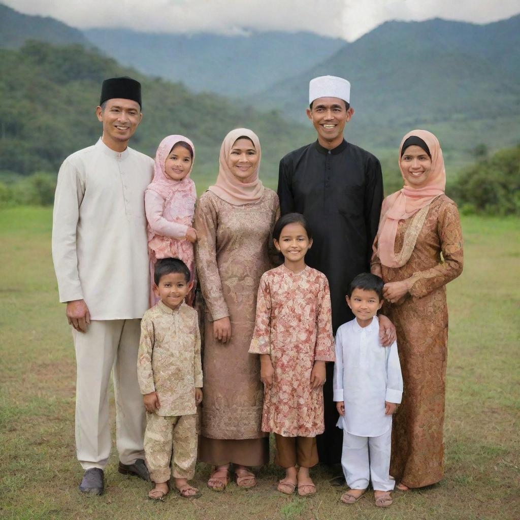 A warm, Indonesian Muslim family portrait, with parents, children, and grandparents, all dressed in traditional outfits, smiling, amidst a background displaying idyllic Indonesian landscapes.