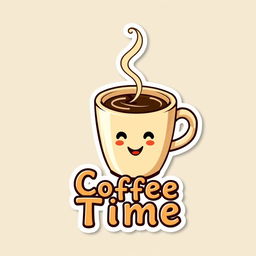 Vibrant voxel-style coffee cup with a whimsical and charming design, accompanied by a stylized lettering that reads 'Coffee Time'