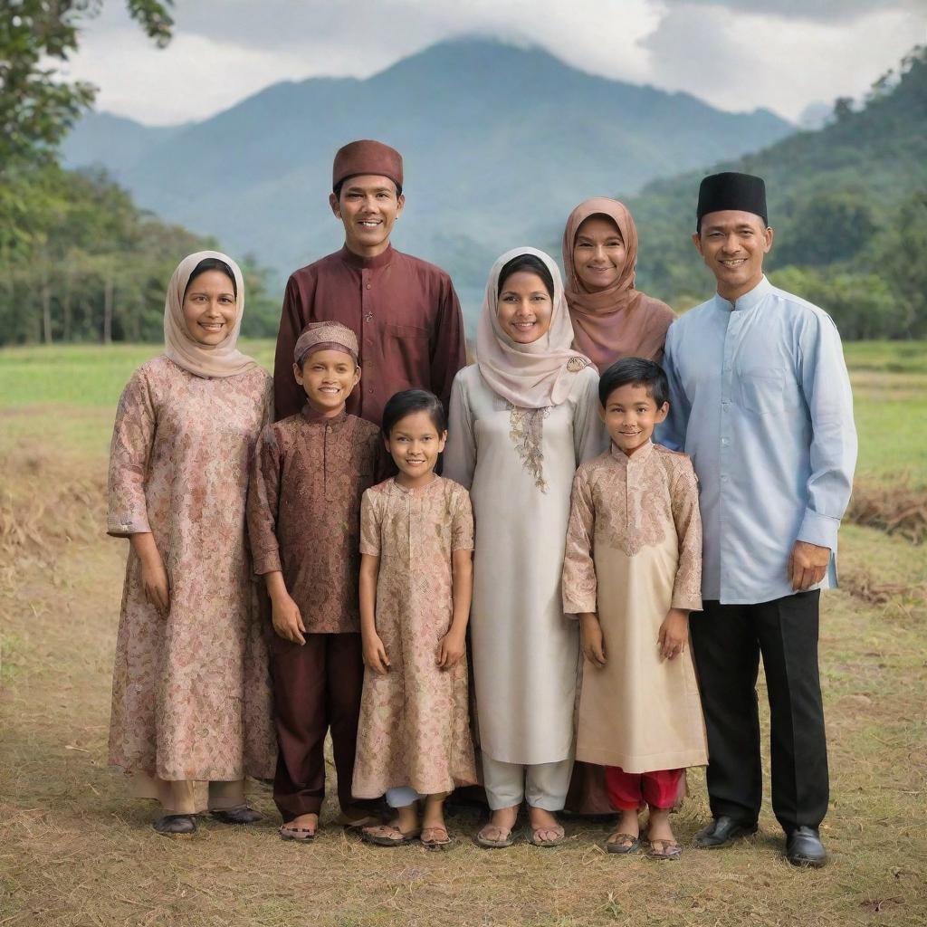 A warm, Indonesian Muslim family portrait, with parents, children, and grandparents, all dressed in traditional outfits, smiling, amidst a background displaying idyllic Indonesian landscapes.