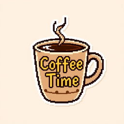 Charming pixel art coffee cup designed like a sticker, featuring the wording 'Coffee Time' in a playful and inviting font