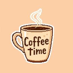 Charming pixel art coffee cup designed like a sticker, featuring the wording 'Coffee Time' in a playful and inviting font