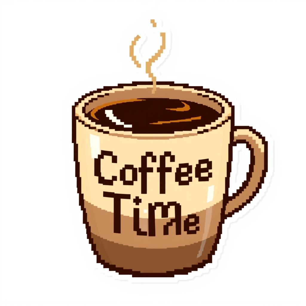 Charming pixel art coffee cup designed like a sticker, featuring the wording 'Coffee Time' in a playful and inviting font