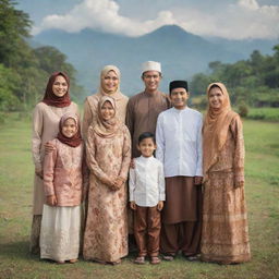 A warm, Indonesian Muslim family portrait, with parents, children, and grandparents, all dressed in traditional outfits, smiling, amidst a background displaying idyllic Indonesian landscapes.