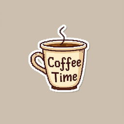 Charming pixel art coffee cup designed like a sticker, featuring the wording 'Coffee Time' in a playful and inviting font