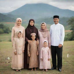 A warm, Indonesian Muslim family portrait, with parents, children, and grandparents, all dressed in traditional outfits, smiling, amidst a background displaying idyllic Indonesian landscapes.