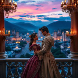 A beautiful, dramatic scene depicting a forbidden love in a royal setting