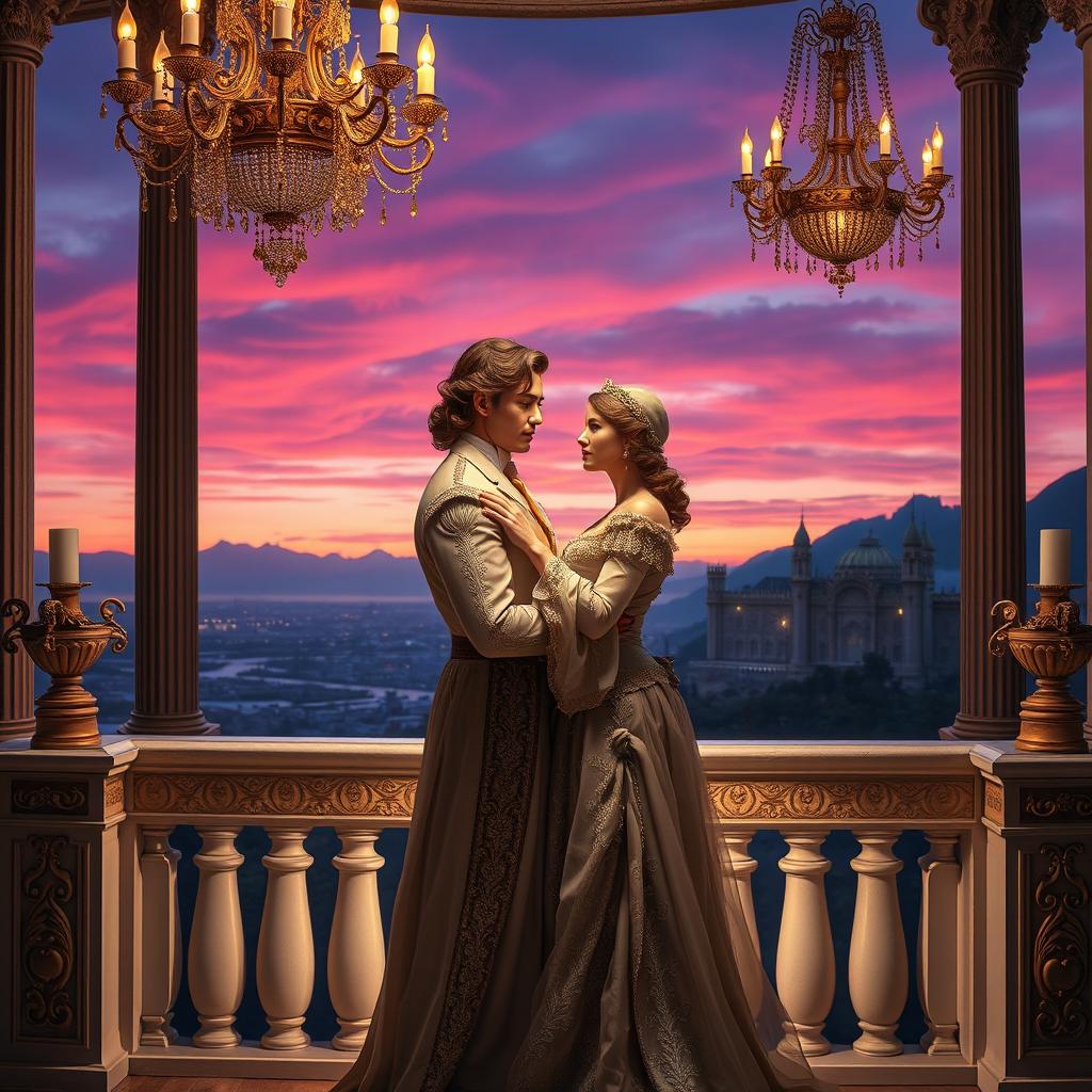 A beautiful, dramatic scene depicting a forbidden love in a royal setting