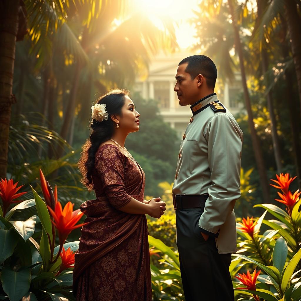 A historical scene depicting a forbidden love story between a native Javanese princess and a Dutch colonial officer set in the 19th century