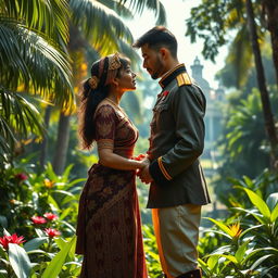 A historical scene depicting a forbidden love story between a native Javanese princess and a Dutch colonial officer set in the 19th century