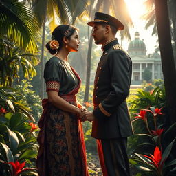 A historical scene depicting a forbidden love story between a native Javanese princess and a Dutch colonial officer set in the 19th century