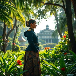 A historical scene depicting a forbidden love story between a native Javanese princess and a Dutch colonial officer set in the 19th century