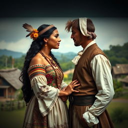 A historical and emotional scene depicting a romantic couple facing cultural challenges