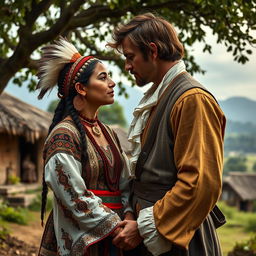 A historical and emotional scene depicting a romantic couple facing cultural challenges