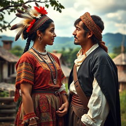 A historical and emotional scene depicting a romantic couple facing cultural challenges