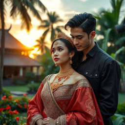 A romantic and forbidden love story set in historical Aceh, featuring a beautiful Acehnese princess in traditional royal attire with intricate golden jewelry, and a handsome Dutch man in colonial-era clothing