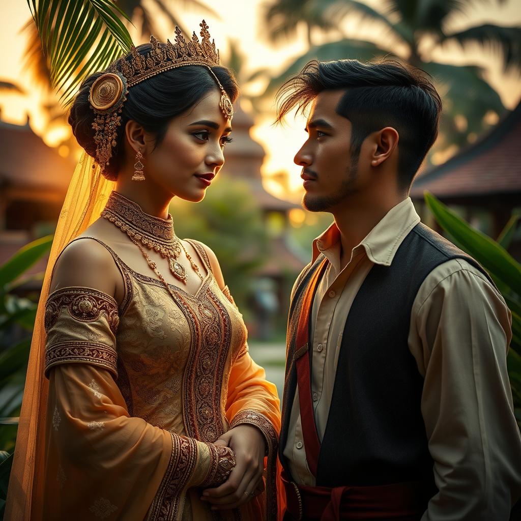 A romantic and forbidden love story set in historical Aceh, featuring a beautiful Acehnese princess in traditional royal attire with intricate golden jewelry, and a handsome Dutch man in colonial-era clothing