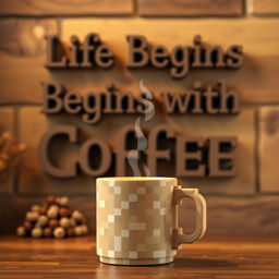 A voxel-style coffee mug with steam rising from it, sitting prominently in the foreground