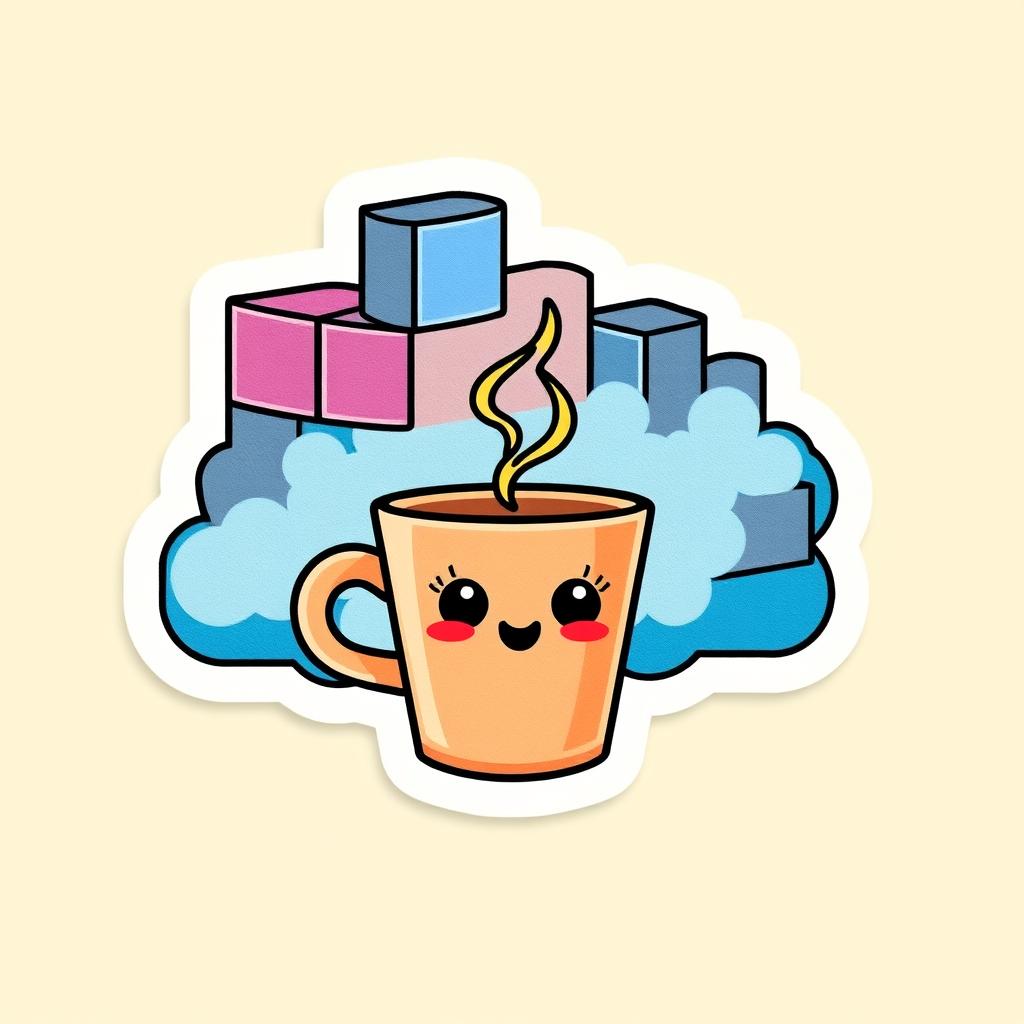 A voxel-style cloud with a coffee cup, designed as a sticker