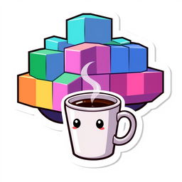 A voxel-style cloud with a coffee cup, designed as a sticker