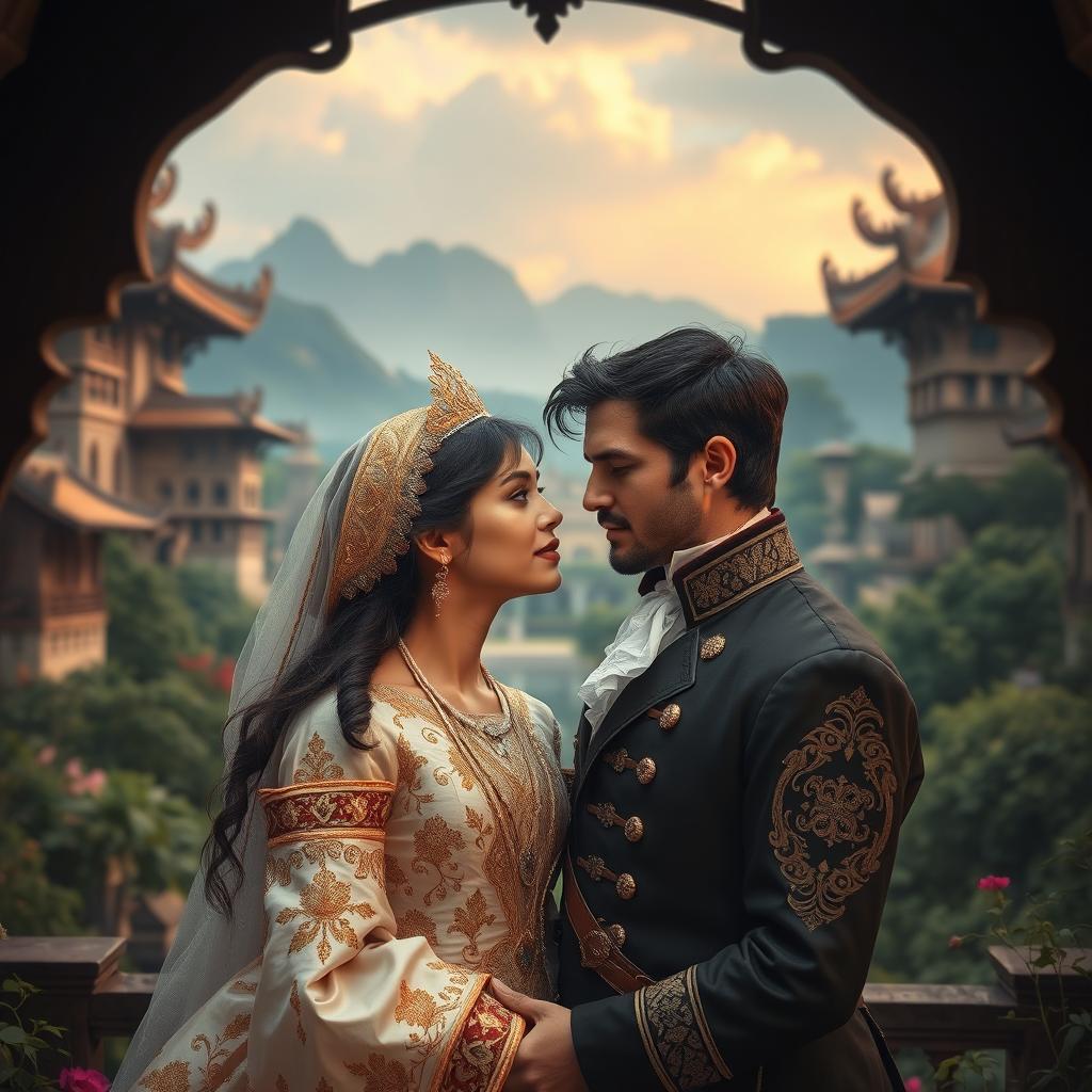 A fictional romantic scene set in an Acehnese kingdom, featuring a beautiful Acehnese princess and a charming Dutch man falling in love despite disapproval