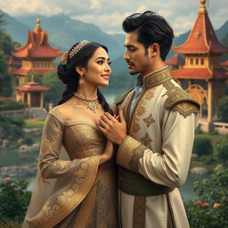 A fictional romantic scene set in an Acehnese kingdom, featuring a beautiful Acehnese princess and a charming Dutch man falling in love despite disapproval