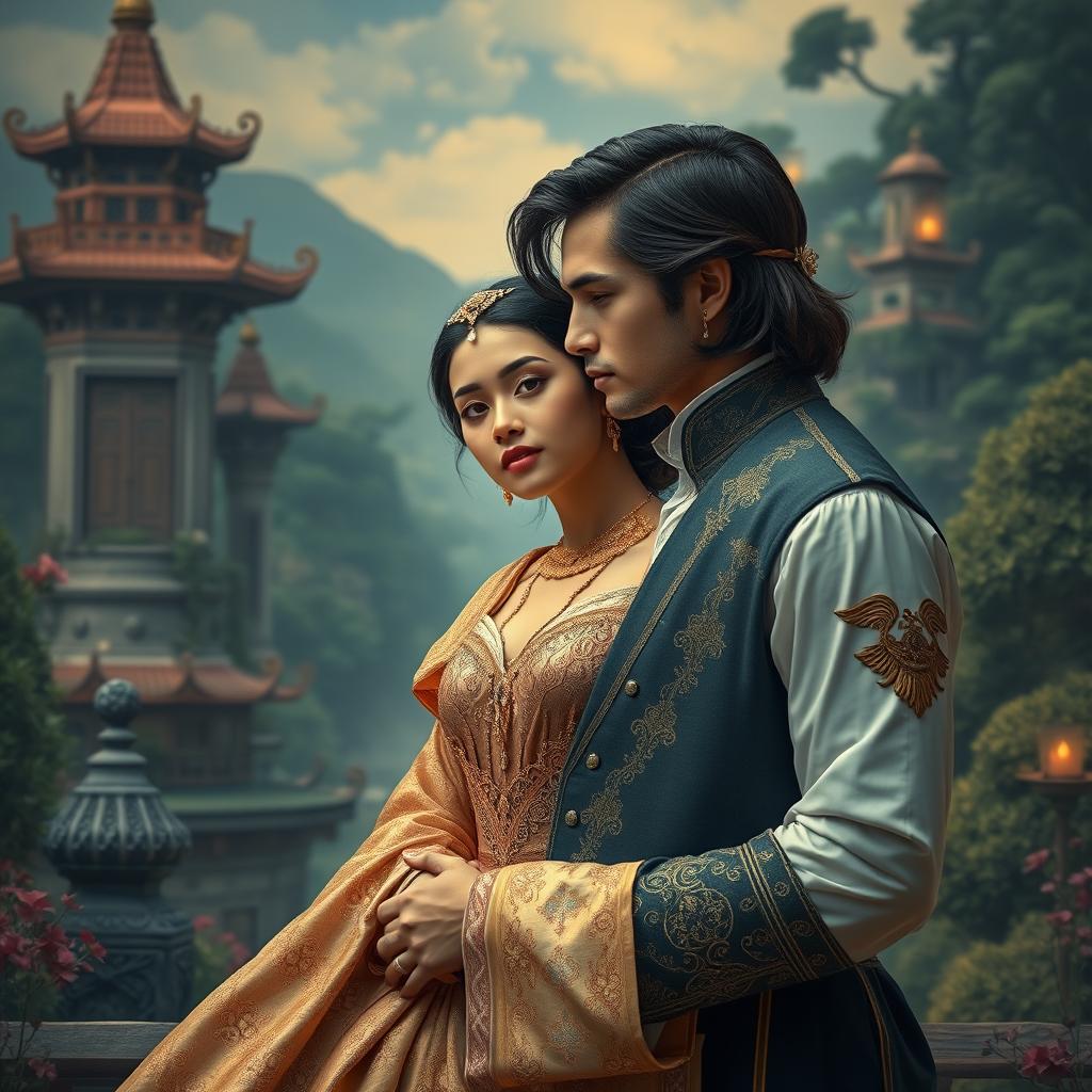 A fictional romantic scene set in an Acehnese kingdom, featuring a beautiful Acehnese princess and a charming Dutch man falling in love despite disapproval