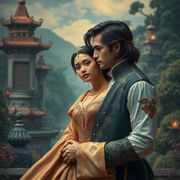 A fictional romantic scene set in an Acehnese kingdom, featuring a beautiful Acehnese princess and a charming Dutch man falling in love despite disapproval