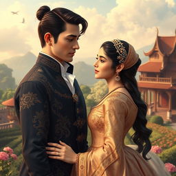 A fictional romantic scene set in an Acehnese kingdom, featuring a beautiful Acehnese princess and a charming Dutch man falling in love despite disapproval