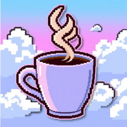 A pixel art sticker featuring a steaming cup of coffee with a vibrant cloud background